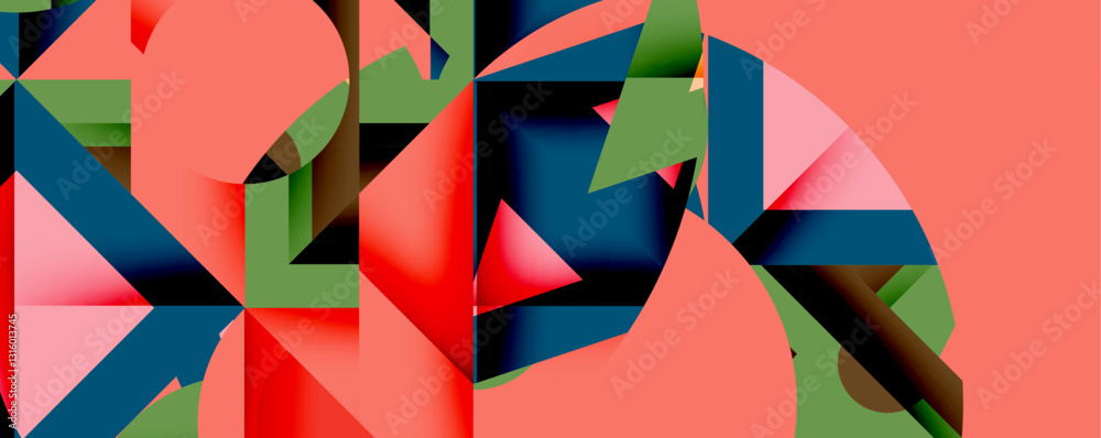 Poster Abstract geometric composition with interlocking circular and angular shapes, featuring smooth gradients and sharp contrasts on a white background