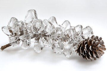 Frozen pine needles covered in intricate ice formations, highlighting natureâ€™s beauty.