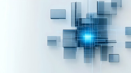 Fototapeta premium Abstract 3D Render of Interconnected Glass Squares and Rectangles With a Bright Blue Light in the Center Against a Soft White Backdrop