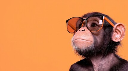 Cool Chimpanzee in Sunglasses  Trendy Ape Portrait  Orange Background
