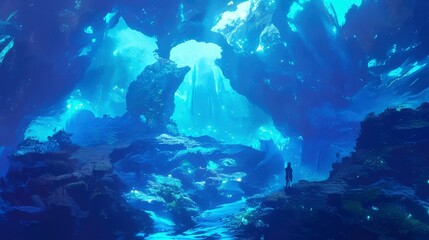 Fototapeta premium Solitary Figure in a Bioluminescent Cave A Journey into the Deep Blue Fantasy Landscape