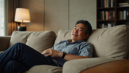 Fototapeta premium Asian mature man lying down on comfort sofa in living room at home