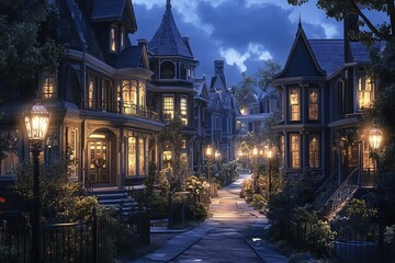 Obraz premium Captivating scene of a charming street lined with Victorian houses illuminated at night, surrounded by lush greenery and glowing street lamps, evoking nostalgia.
