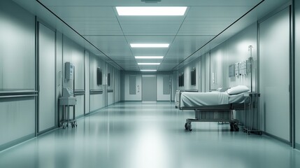 Obraz premium A tranquil hospital corridor featuring an empty bed and modern healthcare equipment. The clean, minimalist design enhances the serene atmosphere, making it ideal for patient care.