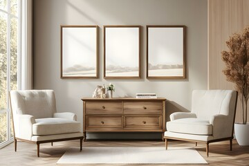 Beige Living Room Interior with Armchairs and Drawings: Stylish Decor for Modern Homes