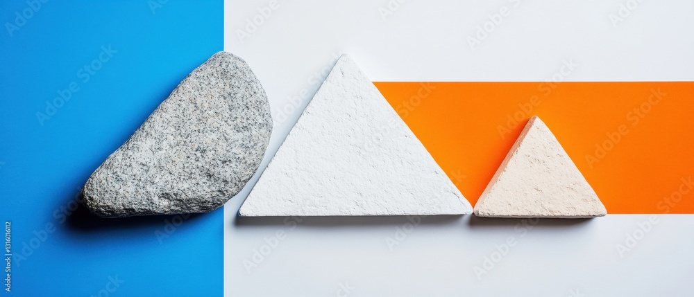 Poster minimalist geometric design asymmetric stone and triangle composition exploring visual balance, digi