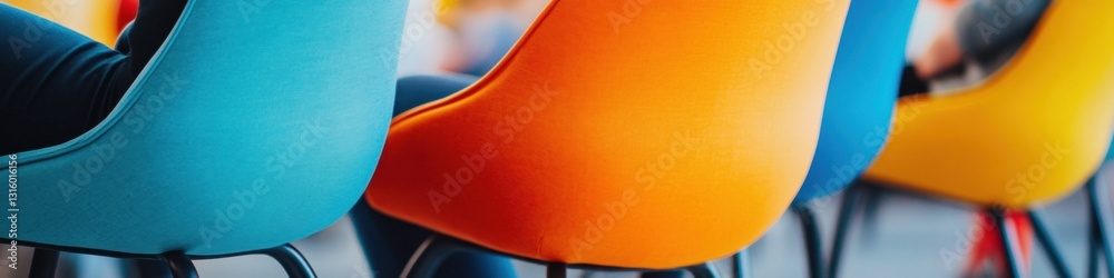 Poster Vibrant Modern Learning Spaces Ergonomic Collaborative Seating in Bold Color Spectrum - Innovative Educational Design for Gen Z Engagement and Creative Workspace Transformation