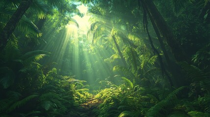 Obraz premium Tropical rainforest bathed in sunlight, with lush green leaf foliage, vibrant nature, and a beautiful jungle landscape of trees and wilderness plants illuminated by morning light