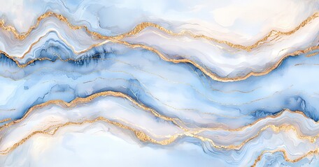 Blue and Gold Foil Intertwined Watercolor Marble Texture. Luxurious Fluid Art Background. Elegant Geological Layers Merged with Shimmering Gold Edges.