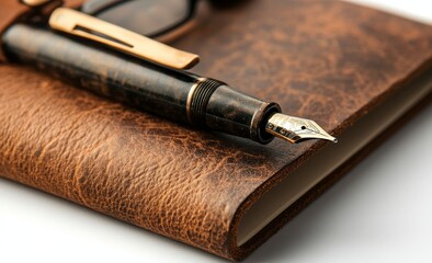 Fototapeta premium On a transparent background, a brown leather notebook and a black pen are isolated, signifying a business notepad, spiral diary page, or office planner for jotting down messages and text