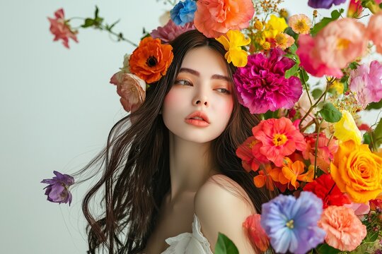 A model that emphasizes colorful colors. A variety of flowers. Beautiful colorfulness. An elegant model. A pictorial feel. A perfume model. The personification of the rainbow. Personification