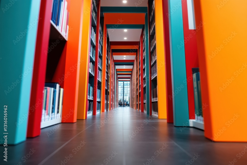 Poster Immersive Learning Spaces Vibrant Modern Library Architecture with Bold Color Psychology - Innovative Educational Design and Workspace Transformation