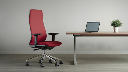 Modern Red Office Chair And Simple Desk With Laptop In A Minimalist Workspace With Grey Floor And White Wall