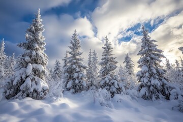 Fototapeta premium Snow-covered pine trees standing proudly against a dramatic winter sky.