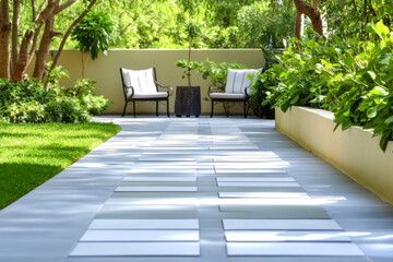 Relaxing garden pathway leading to comfortable seating in a serene outdoor space