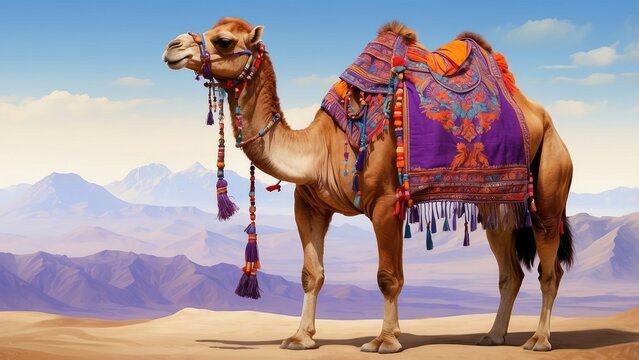 A decorated camel stands gracefully, adorned with a vibrant patterned saddle blanket featuring shades of orange,