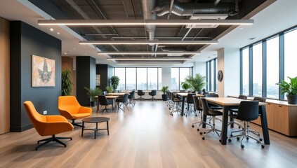 A spacious open-plan office with a variety of seating options, including high tables, lounge chairs, and collaborative tables, promoting flexibility and collaboration