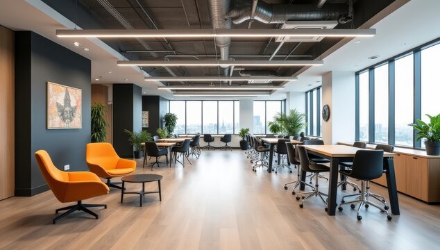 A spacious open-plan office with a variety of seating options, including high tables, lounge chairs, and collaborative tables, promoting flexibility and collaboration