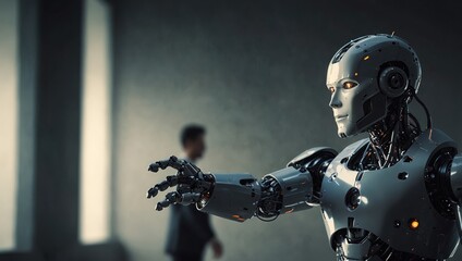 Fototapeta premium Robot handshake about tech innovation