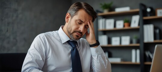 Businessman experiencing neck discomfort while working at office desk
