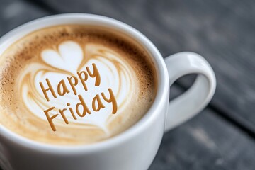 Happy friday, Coffee cup with latte art, warm creamy beverage topped with heart design, perfect for celebrating the start of the weekend.