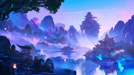 Obraz premium Enchanting Mystical Asian Landscape with Floating Castle and Lanterns at Dusk
