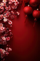 Fototapeta premium Red lanterns, blossoms, lunar new year, greeting card