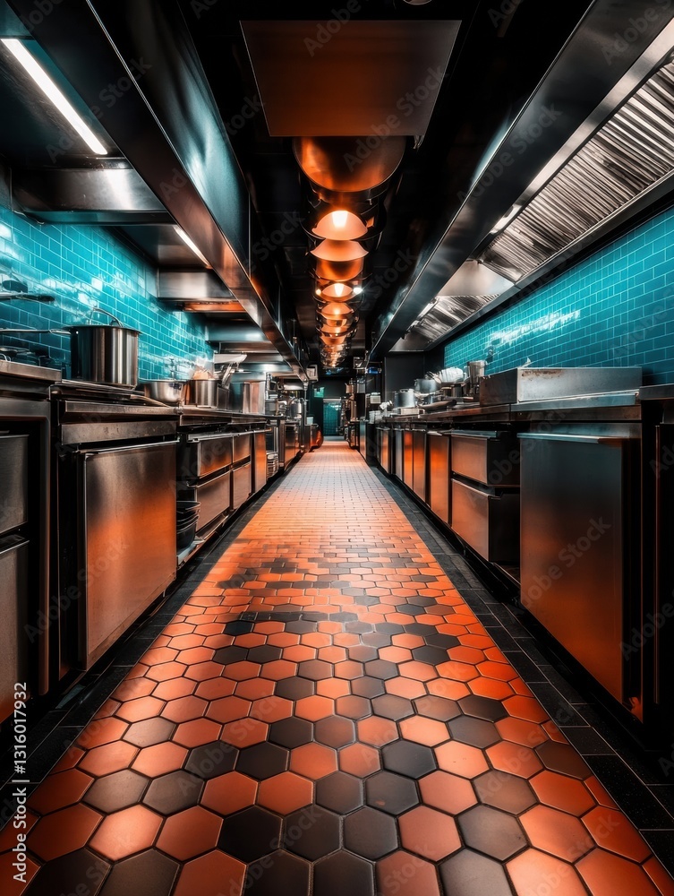 Poster cyberpunk commercial kitchen design immersive industrial workflow visualization with high-performanc
