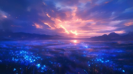 Fototapeta premium Enchanting Sunset over a Field of Bioluminescent Flowers