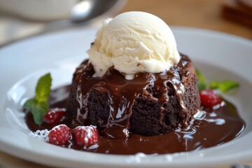 Soft, fudgy lava cake with vanilla ice cream melting into a rich chocolate pool.