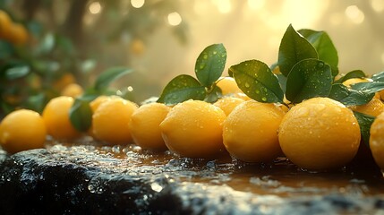 Freshly picked lemons with deep green leaves scattered on a rough dark stone slab softly lit by daylight