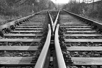 Eisenbahn Schienen Weiche auf einer stillgelegten Bahnlinie zu gewachsen mit Vegetation in...
