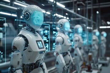 Fototapeta premium Floating AI holograms manage quality in plant