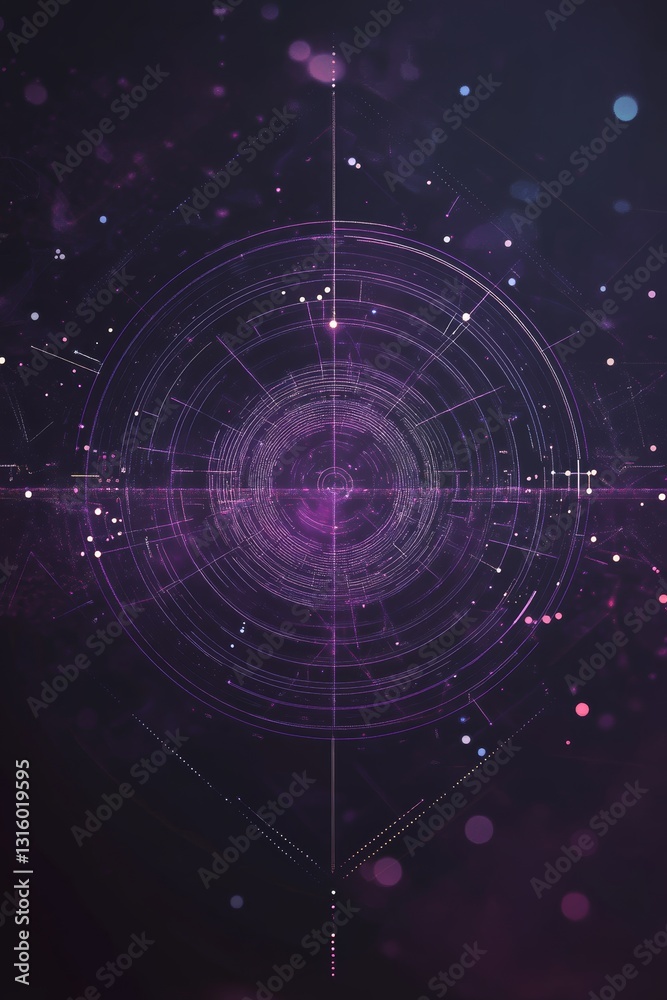 Poster this vibrant abstract design features luminous circles and particles in shades of purple, creating a