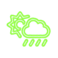 Icon cloud sun rain from the flow of energy of green color. Shimmering neon