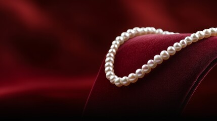 Fototapeta premium Elegant pearl necklace draped on luxurious red velvet fabric, showcasing sophistication and beauty