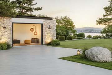 Modern outdoor space with elegant lighting near serene lake in the evening