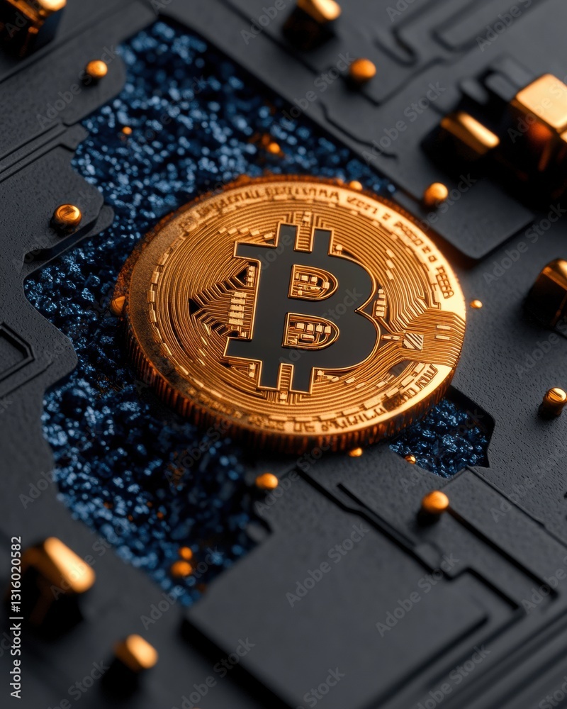 Poster blockchain revolution metallic bitcoin circuit design - next-gen fintech visualization with cutting-