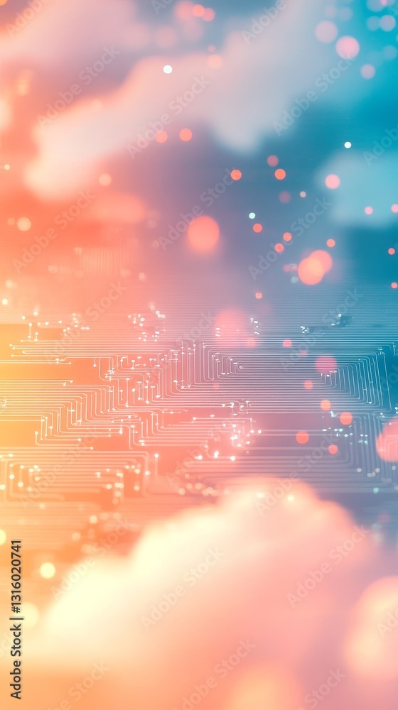 Poster an abstract digital background featuring a vibrant circuit pattern integrated with soft colors. it c