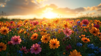 Fototapeta premium Vibrant Wildflowers Blooming Under a Golden Sunset in a Serene Nature Landscape