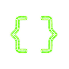 Icon brackets curly from the flow of energy of green color. Shimmering neon