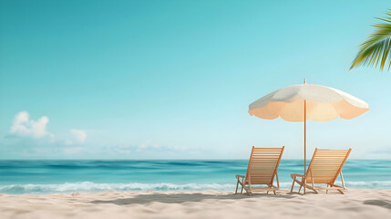 Obraz premium Two Wooden Beach Chairs Under a Striped Umbrella on a Sandy Beach with a Clear Blue Sky and Calm Ocean in the Background on a Sunny Day