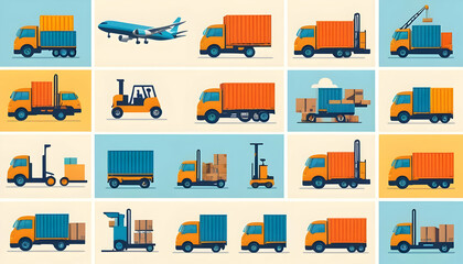 Colorful Transportation and Logistics Illustration with Trucks and Cargo