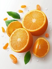 Fototapeta premium Fresh Orange Slices and Green Leaves on White Background for Healthy Eating and Vibrant Still Life Photography