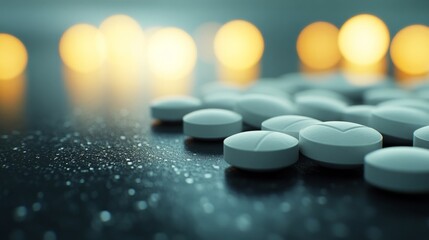 A close-up of round and oval pills on a smooth black table with a soft-focus background