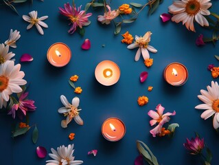 Relaxing floral candlescape, blue background, spa ambiance, wellness imagery