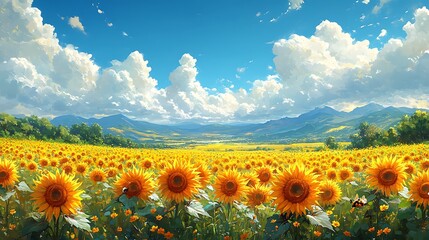 Obraz premium Lush sunflowers in peak bloom with busy bees working in a bright open field