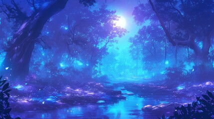 Obraz premium Enchanting Moonlight Forest Serene Night Scene in a Magical Woodland