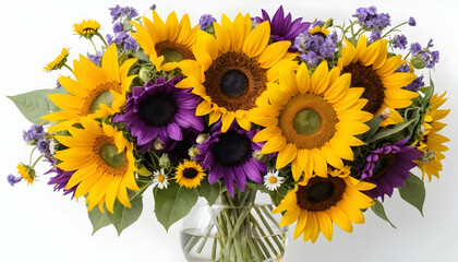 Fototapeta premium Vibrant Sunflower and Purple Flower Bouquet in Clear Vase