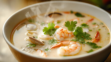 soup, food, meal, dish, vegetable, plate, dinner, bowl, gourmet, cuisine, lunch, healthy, white, chicken, shrimp, fish, delicious, green, meat, thai, seafood, closeup, hot, parsley, rice